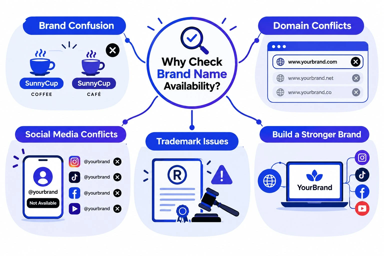 Brand name availability check for domain, social media, and trademark conflicts